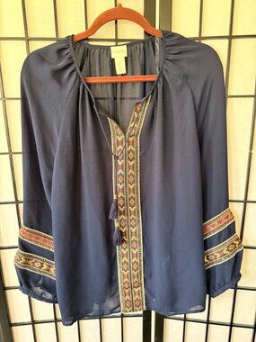 Chico’s Navy Boho Peasant Blouse with Embroidered Trim Size 2 Petite (L)